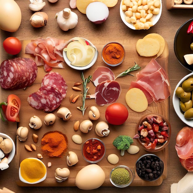 Foto vista dall'alto dell'ingrediente delle tapas posto a caso sul tavolo da taglio