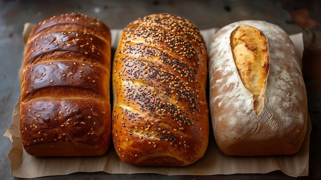 Наземный вид трех идеально выпеченных хлебов бок о бок ИИ генерирует иллюстрацию
