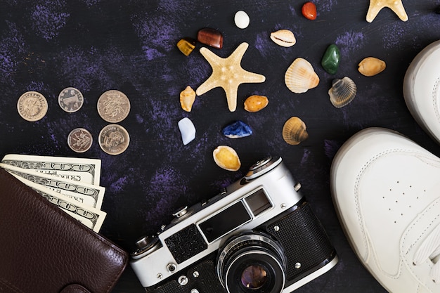 Overhead view of traveler's accessories. Travel concept.