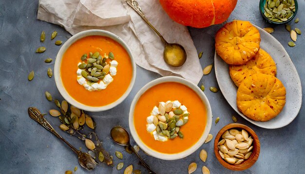 Overhead view of two bowls of pumpkin soup served with cheese biscuits with pumpkin seeds