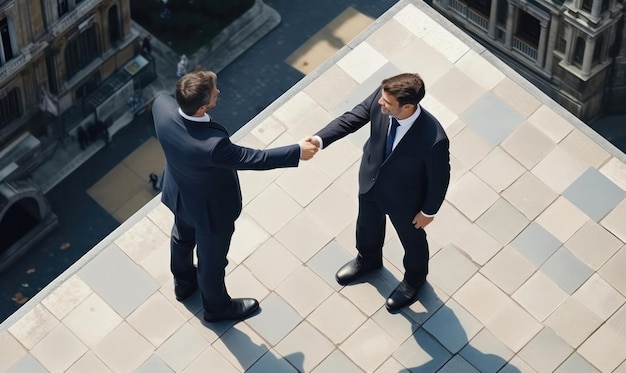 Overhead view of two businessmen in suits shaking hands sealing a deal in corporate office