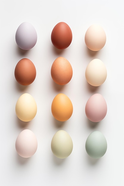 白い背景の多色の卵の多様性の上空の景色 イースターカード