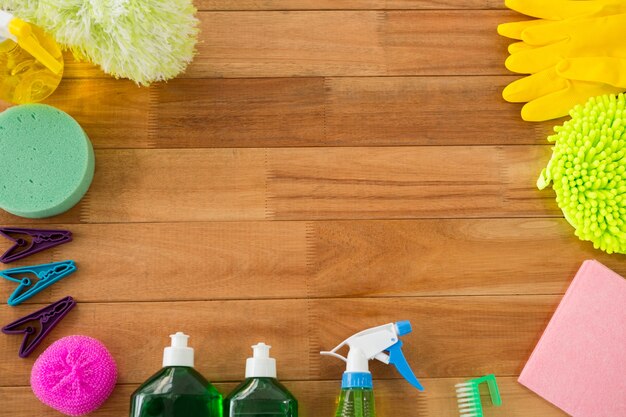 Overhead view of various cleaning products