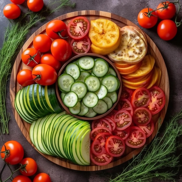 An overhead view of a vegetable platter with slices of juicy tomatoes and cucumber