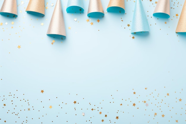 Photo an overhead view of waffle cones and sprinkles surrounded near the white blank paper on blue