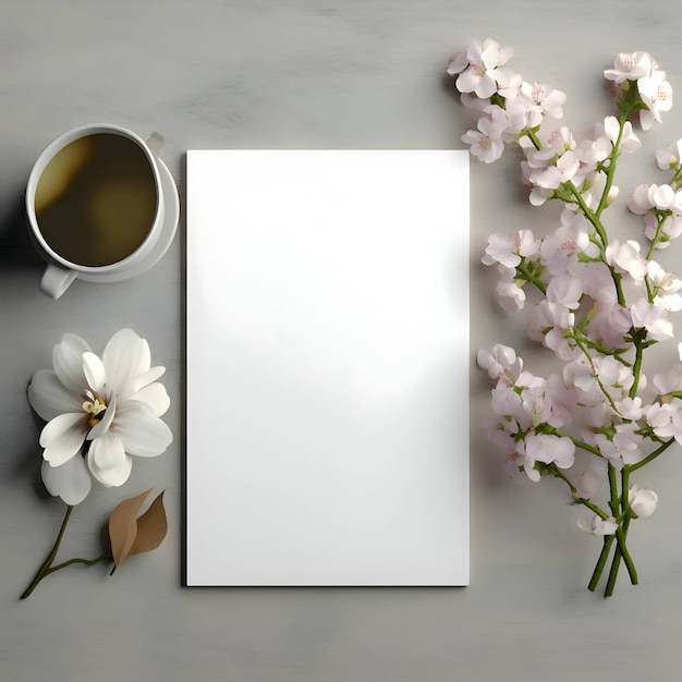 An overhead view of the white card a blank sheet of paper There are flowers lying around