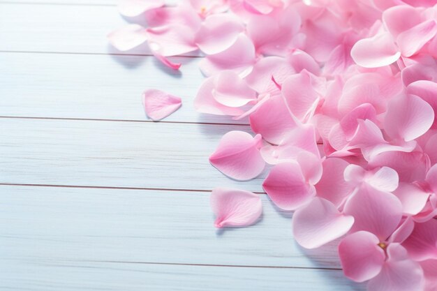 Overhead view of white daisy flowers babys breath and petals arranged on pink background