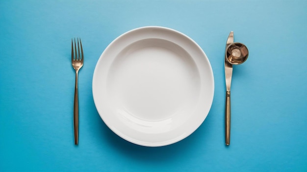 Белая пустая тарелка на синем фоне