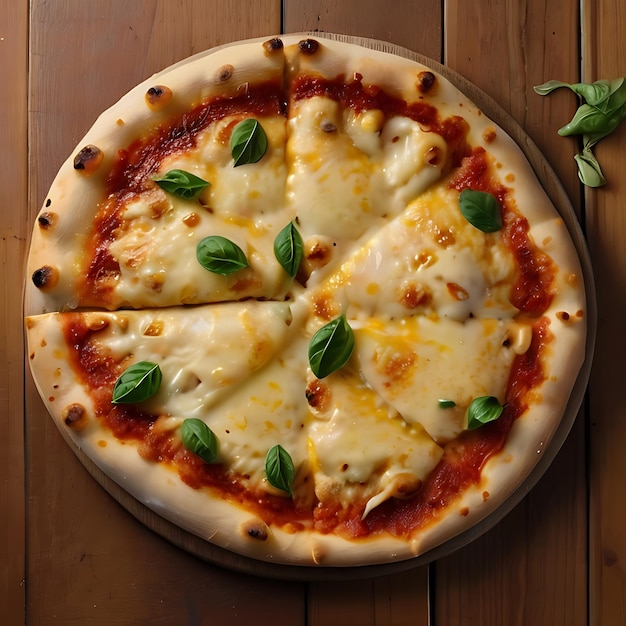 Взгляд с высоты на целую сырную пиццу с золотой корой и пузырящим сыром, приготовленную ИИ