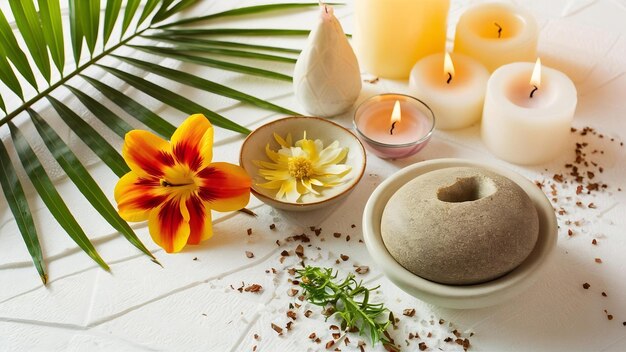 An overhead views of palm leaf flower stone body scrub candles and herbal salt on white backdro