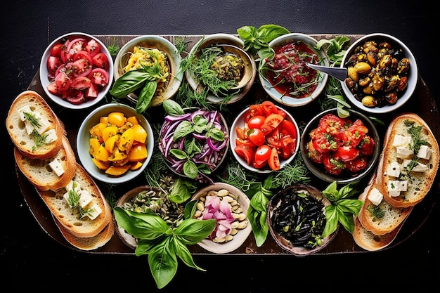 Overheadfoto van een verscheidenheid aan bruschetta's op een schotel