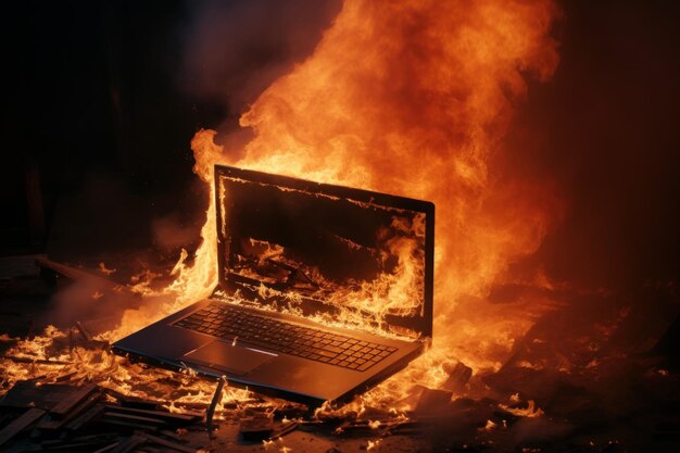 Photo overheated burning laptop table. digital notebook. generate ai