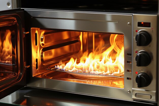 Overheated microwave emitting flames in a contemporary kitchen potential fire hazard