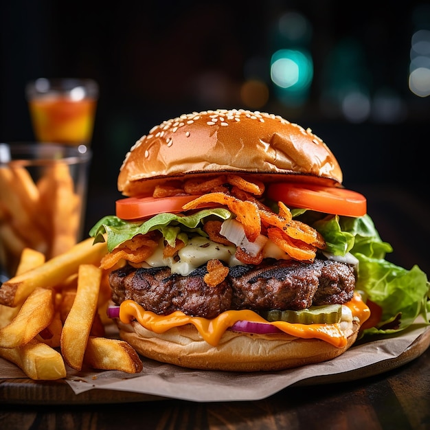 Overheerlijke burger met zoete aardappelfrietjes