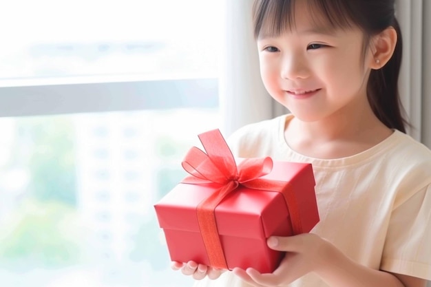 사진 웃으며 선물을 들고 있는 기쁜 아이가 어린이의 날 선물 상자를 들고 있다.