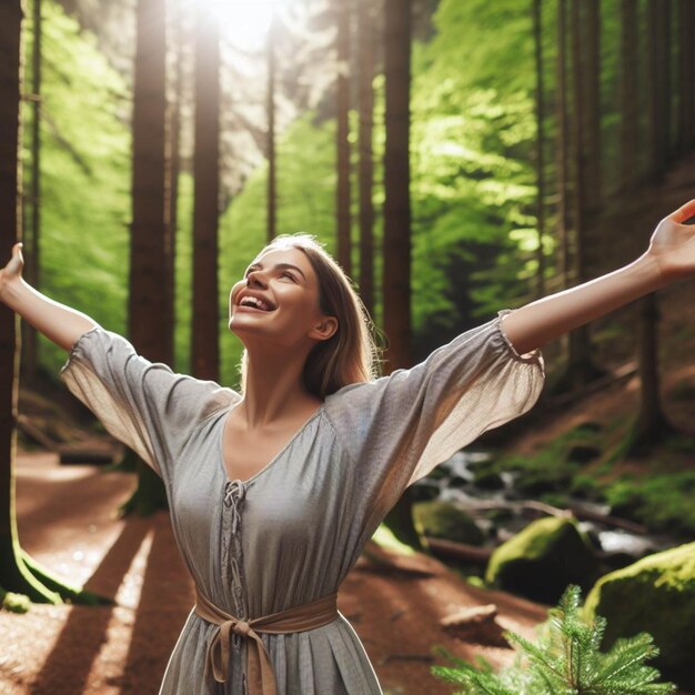 Overjoyed happy woman enjoying the green beautiful nature woods forest around her concept of female people and healthy natural lifestyle happiness emotion and adult lady opening arms