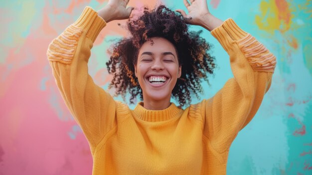 Photo overjoyed person with hands raised and beaming smile