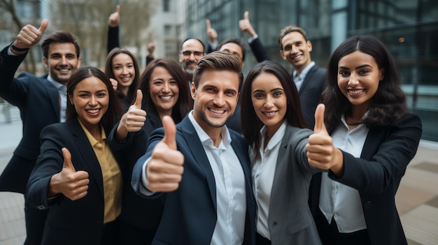 overjoyed young diverse employees workers show thumb up recommend good quality company service