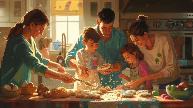 Overjoyed young family with little daughter doing bakery in kitchen aige