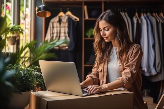 Foto giovane donna sopraffatta da gioia apre una scatola di cartone con internet per fare acquisti online da casa femmina