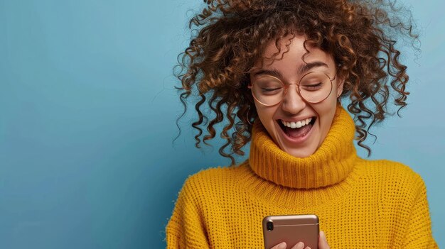 Overjoyed young woman reading message from friend on mobile expressing happiness about great newsemotional female