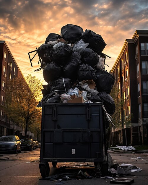 Foto overladen vuilnisbakken en plastic zakken in de buurt van huizen