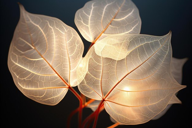 Overlapping translucent leaves with veins illuminated by backlighting