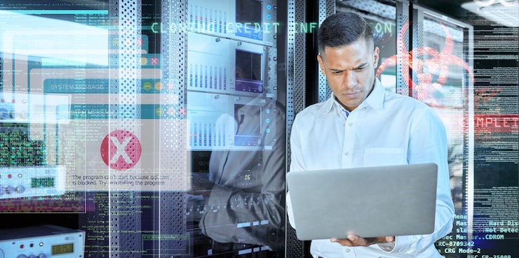 Photo overlay futuristic or programmer with laptop in server room for 404 computer glitch cybersecurity or software analytics digital coding hacker or developer for virus data analysis work web server