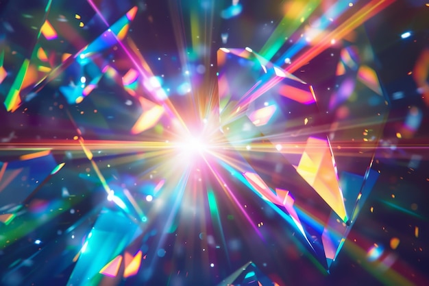 写真 オーバーレイ・オブ・レインボー・ライト・フレイヤー (overlay of rainbow light flare with optical iridescent refraction texture) は3d画像を描いたアブストラクト・ジェム・ストレイク・フィルター・デザインで光学的な光のフレイヤーのオーバーレイを描いたもので3dの銀河の明るいホログラム効果