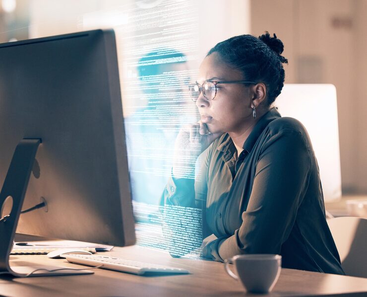 Photo overlay programming and code with a black woman developer thinking while working on a ux ai or 3d interface computer software and data with a female employee or programmer coding an app at work