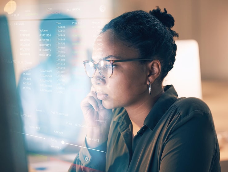 Photo overlay programming and coding with a black woman developer thinking while working on a ux ai or 3d interface computer software and data with a female employee or programmer reading code at work