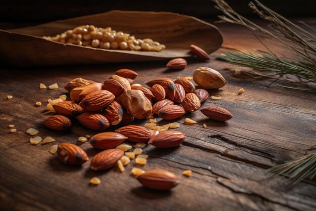 Overlay shot of a raw pine nut and roasted almonds on wooden background created with generative ai