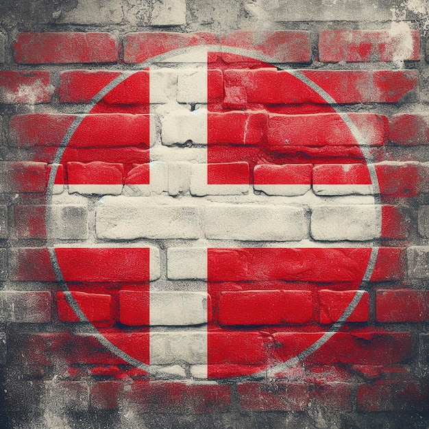 Overlay van de Deense vlag op oude granieten bakstenen en cementmuurtextuur voor achtergrondgebruik
