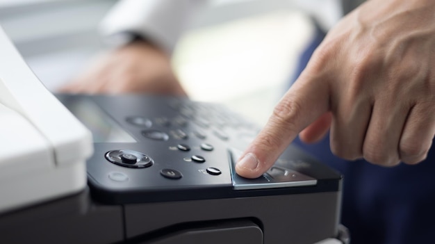 Photo overload office worker alone asian office worker is using a copy machine for his project at the office focus hand to press buttons