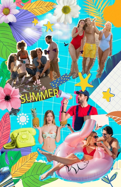 Photo overloaded collage with summertime essentials and people