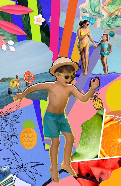 Overloaded collage with summertime essentials and people