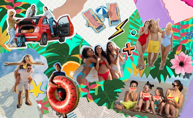 Overloaded collage with summertime essentials and people