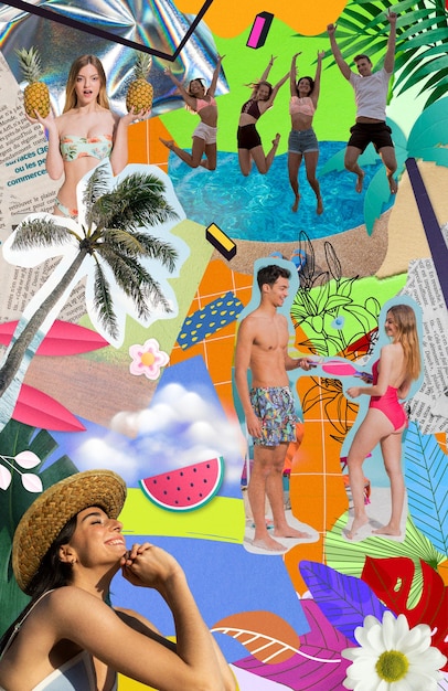 Photo overloaded collage with summertime essentials and people