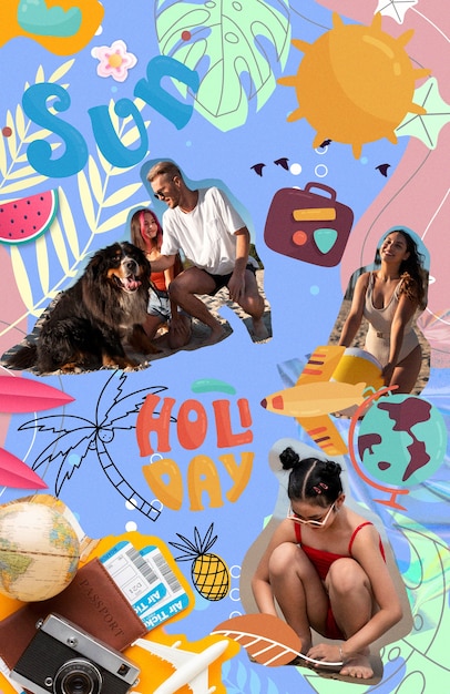 Overloaded collage with summertime essentials and people