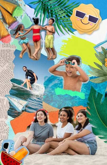 Overloaded collage with summertime essentials and people