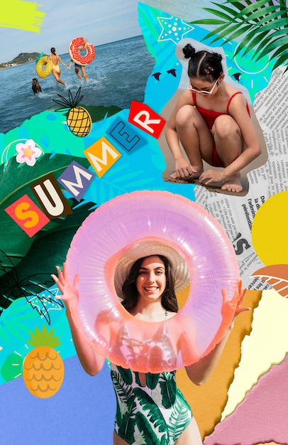 Photo overloaded collage with summertime essentials and people