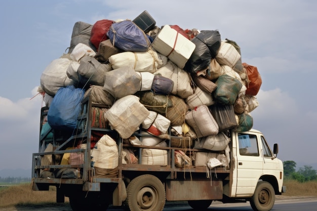 Photo overloaded truck with goods jutting out