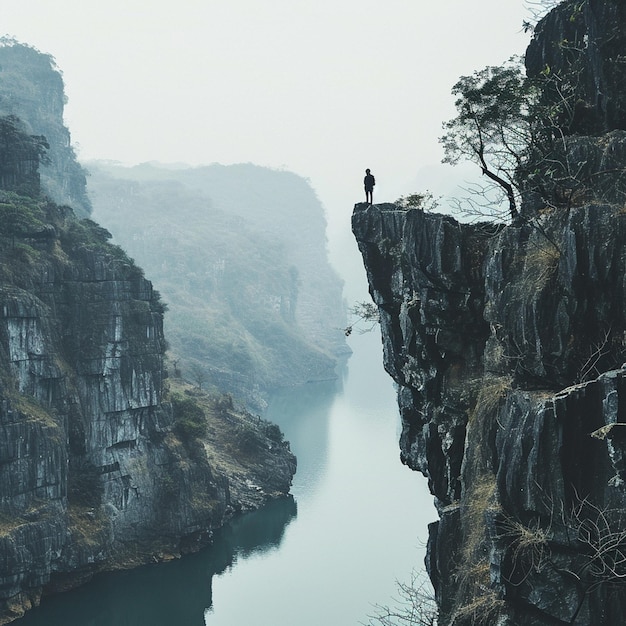 С видом на ущелье Иллюзорный вьетнамский вид на скалы в белом и темно-синем цветах