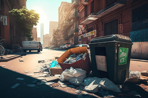Overlopend afval en afval in de straten van 's werelds steden op zonnige dag
