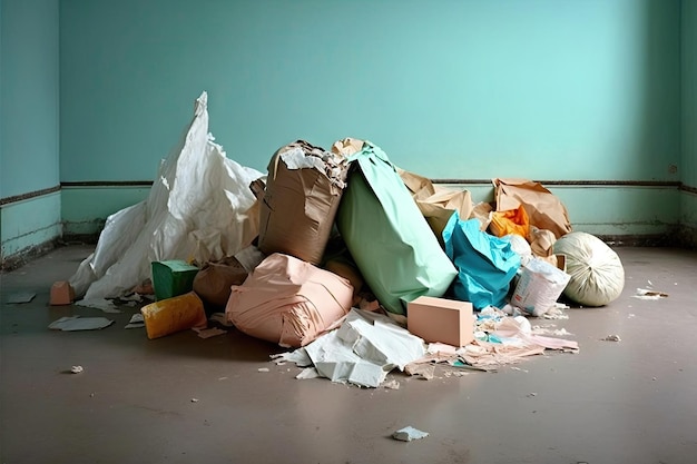 Foto overlopend afval in de vorm van plastic zakken en papierresten die op de vloer liggen