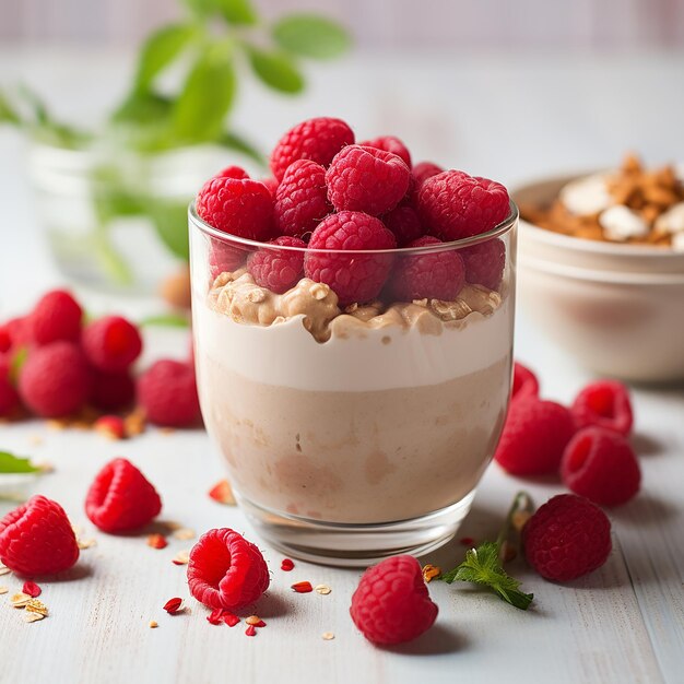 Overnight porridge with raspberries and almonds