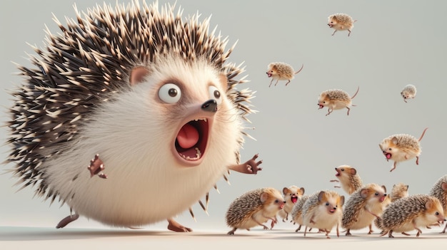 An oversized balloon of a hedgehog with a surprised expression being chased by a pack of actual