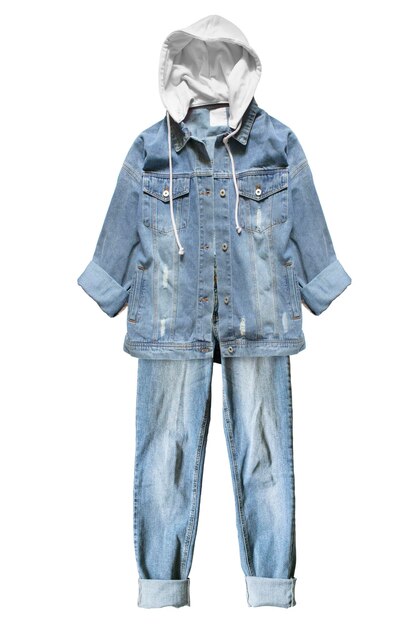 Foto oversized blauwe denim jeans en jas outfit geïsoleerd op een witte achtergrond