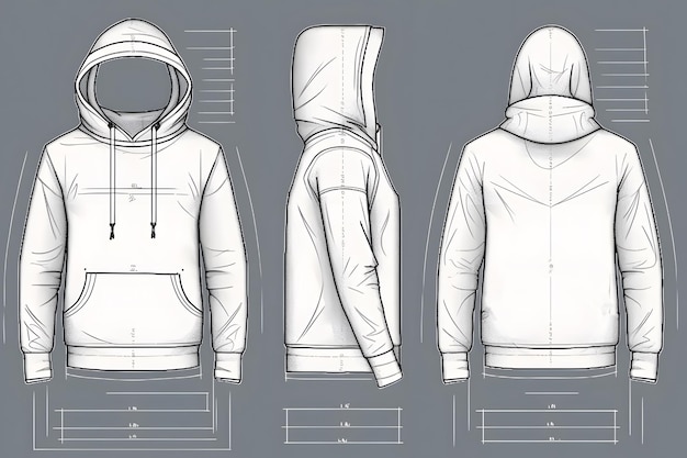 Photo oversized cottonfleece hoodie technical fashion illustration with relaxed fit long sleeves flat outwear jumper apparel template front back white color generative ai