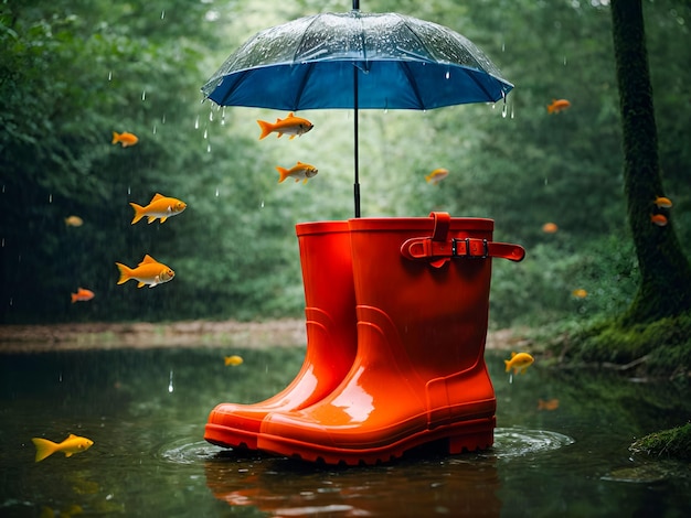 Foto una scarpa di grandi dimensioni in uno stagno forestale abitato da piccoli pesci e sormontato da una nuvola di pioggia